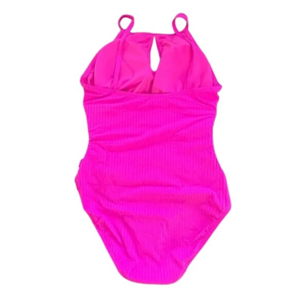 Ellen Tracy One Piece Keyhole Rib High Neck Over the Shoulder Swimsuit Size 12 - Picture 4 of 10